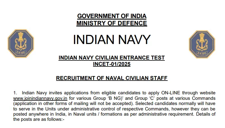 Indian Navy Civilian incet 01 2025 Vacancy
